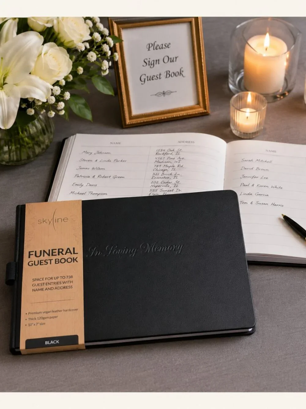 Skyline Funeral Guest Book Black Vegan Leather Hardcover Memorial Register New